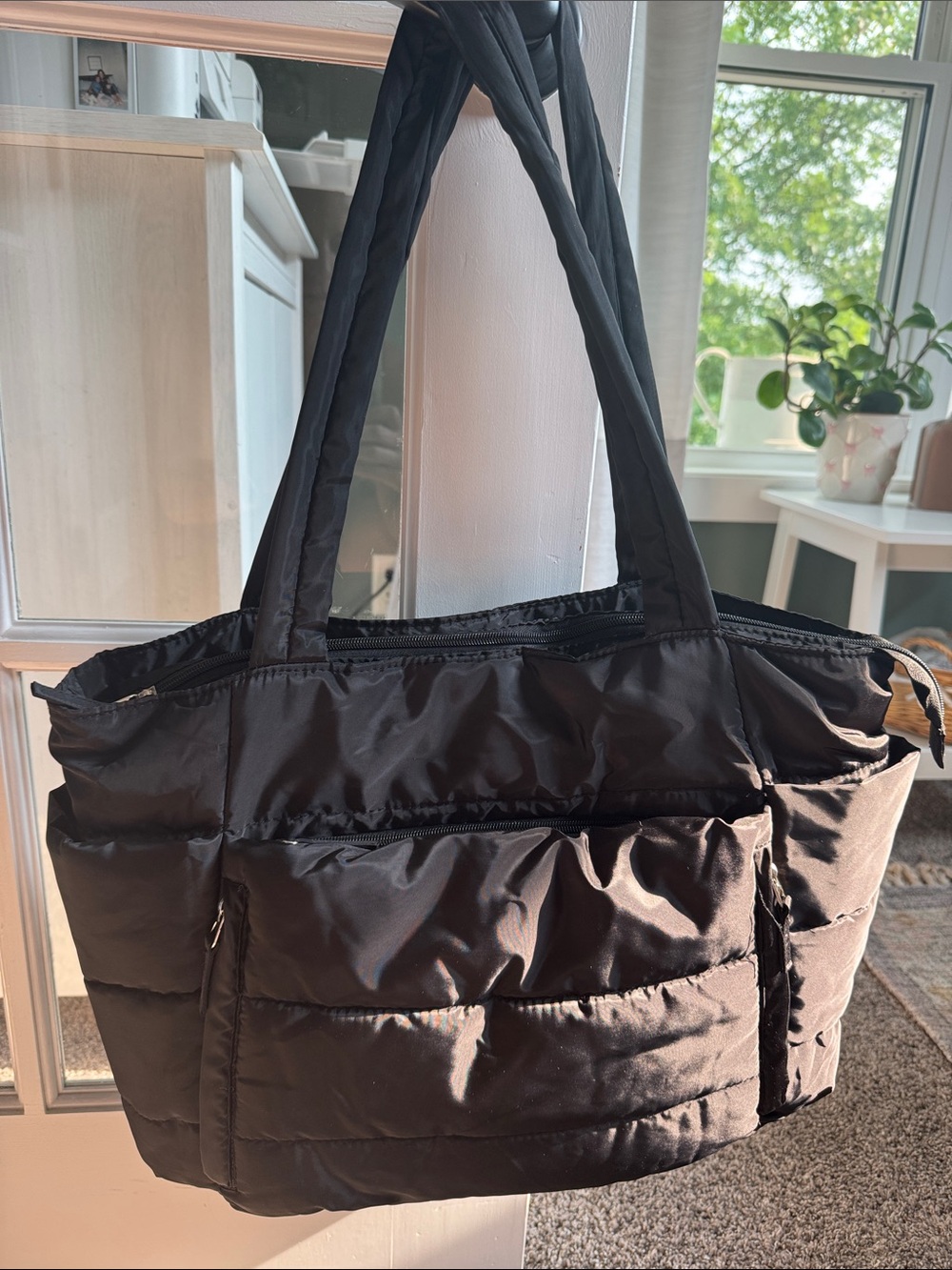 Black Quilted Tote Bag - Lightweight Everyday bag